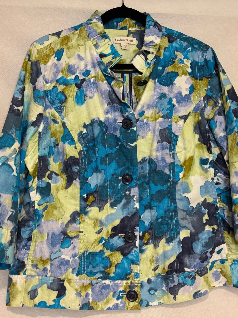 Coldwater Creek Floral Watercolor Jacket Linen Cotton Blend Ruched Size 16